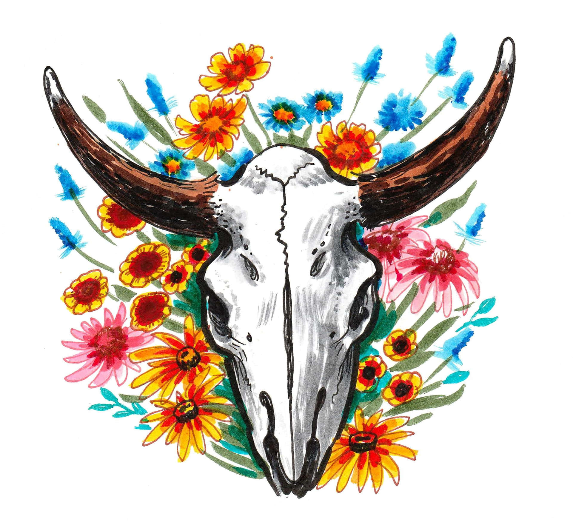 Bull Skull And Flowers Sketch Wallpaper
