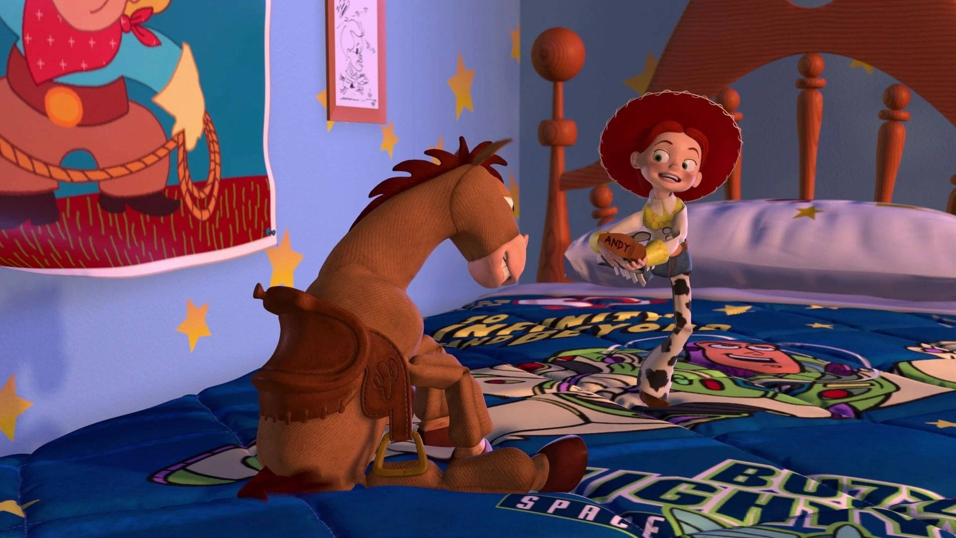 Bullseyeaus Toy Story Auf Dem Bett Wallpaper