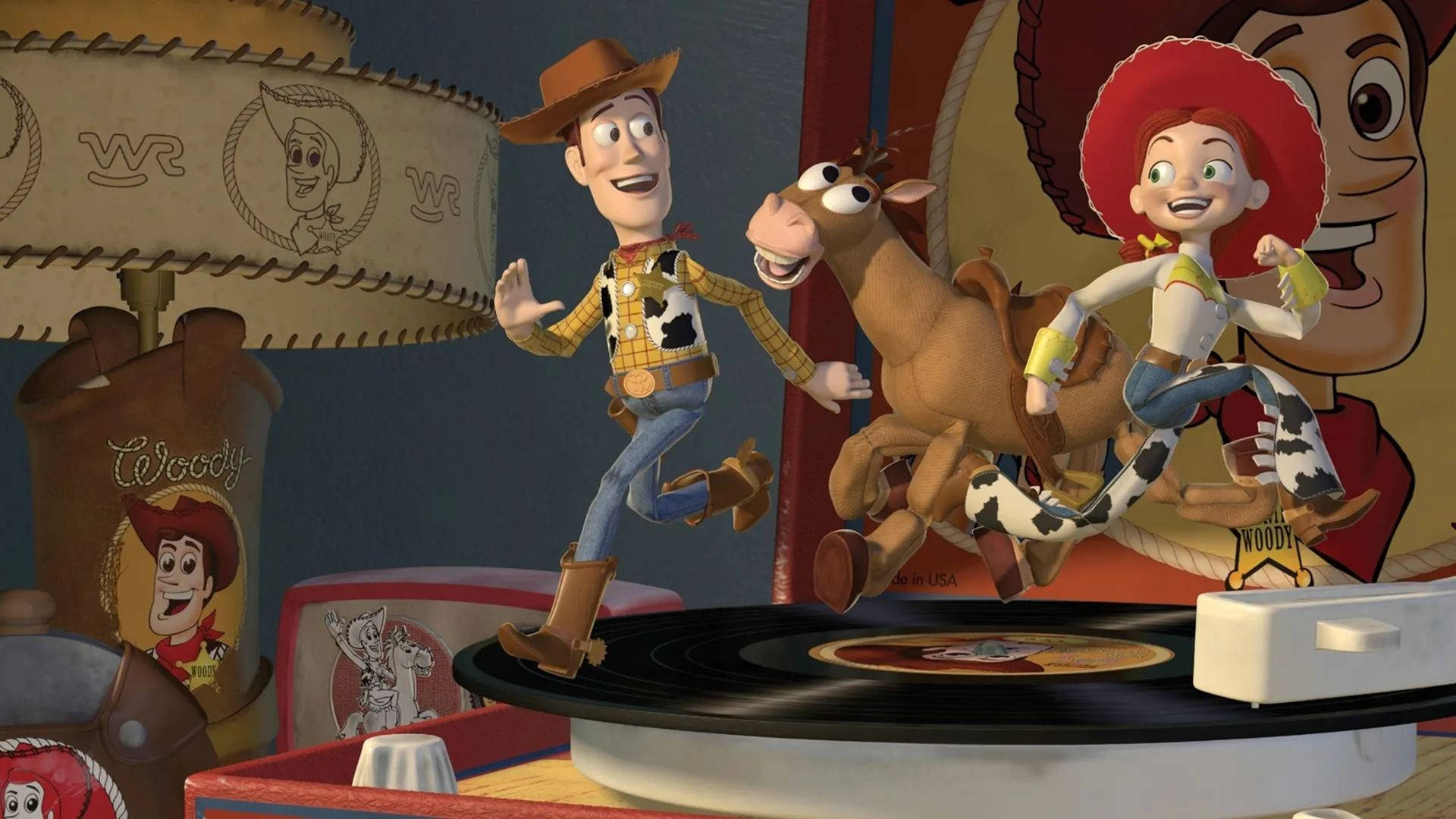 Skudmål Toy Story på Diskafspiller som en del af et dekoreret Disneyland tema. Wallpaper
