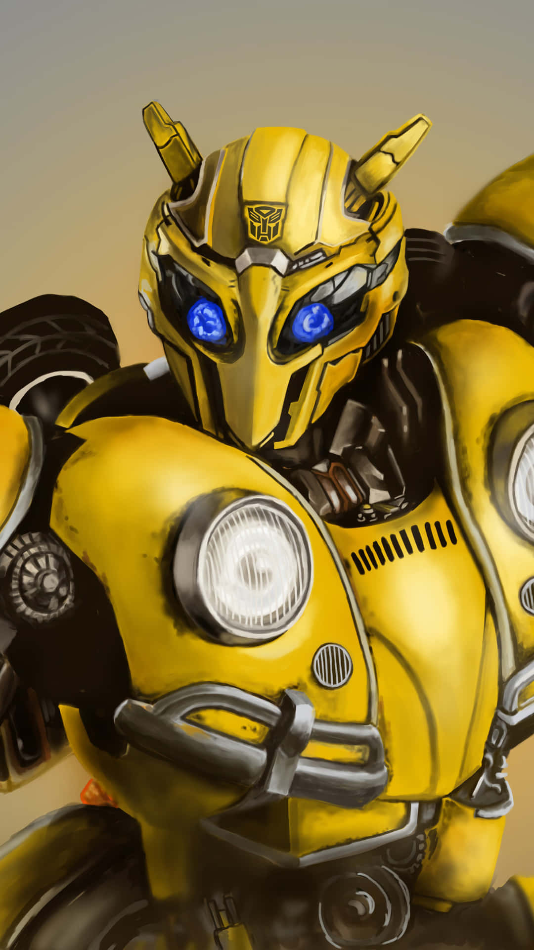 En gul robot med blå øjne