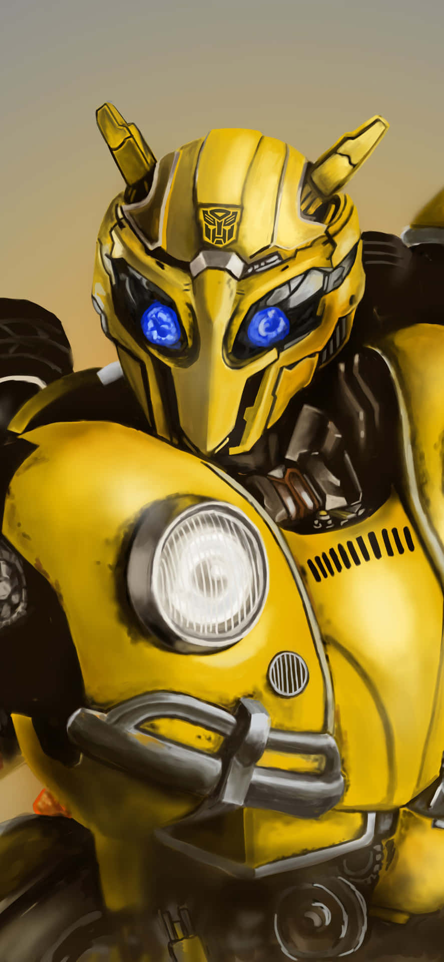 A Yellow Robot With Blue Eyes Is Sitting On A Motorcycle