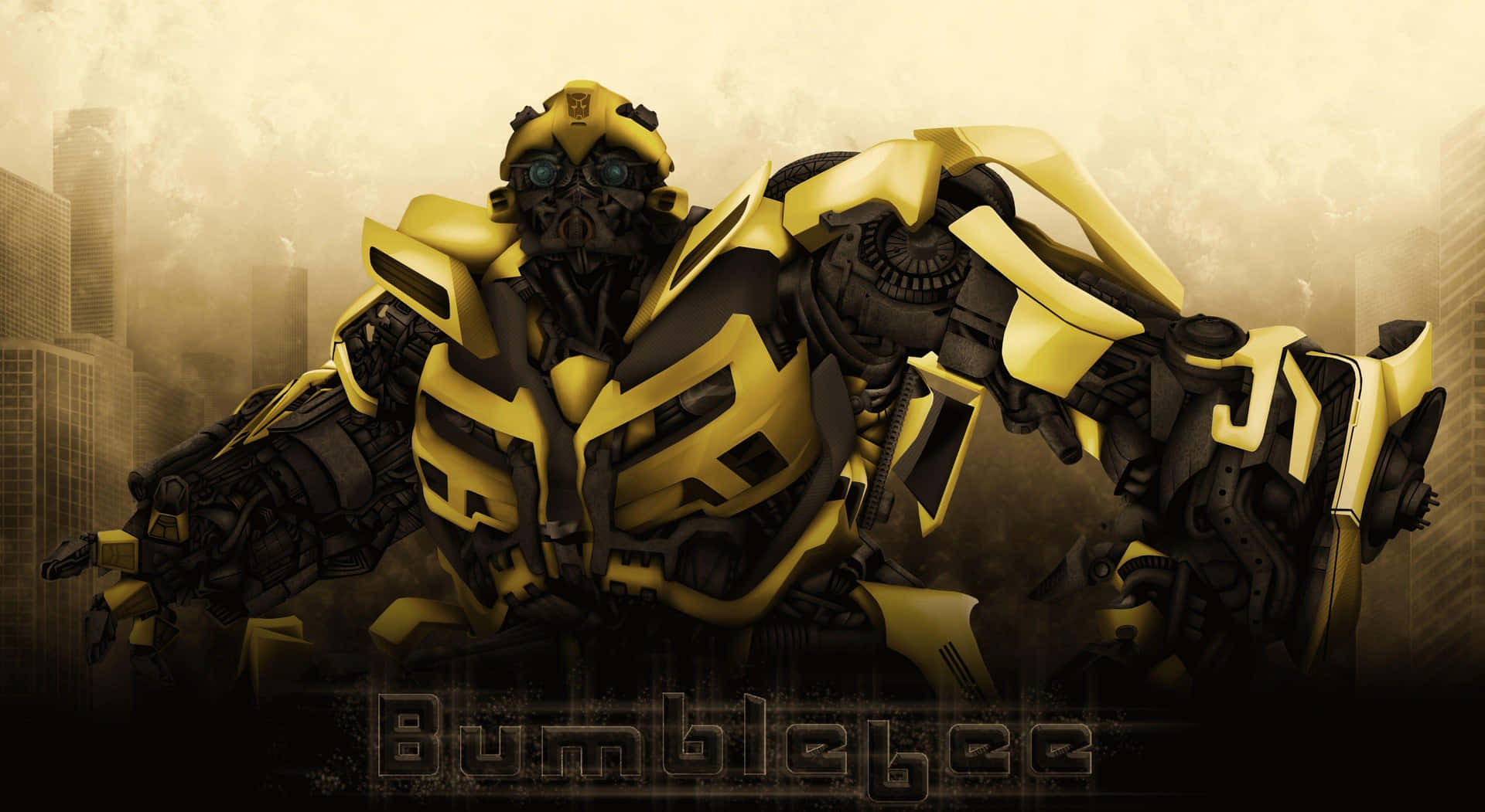 Bumblebee Transformer Soaring Over City