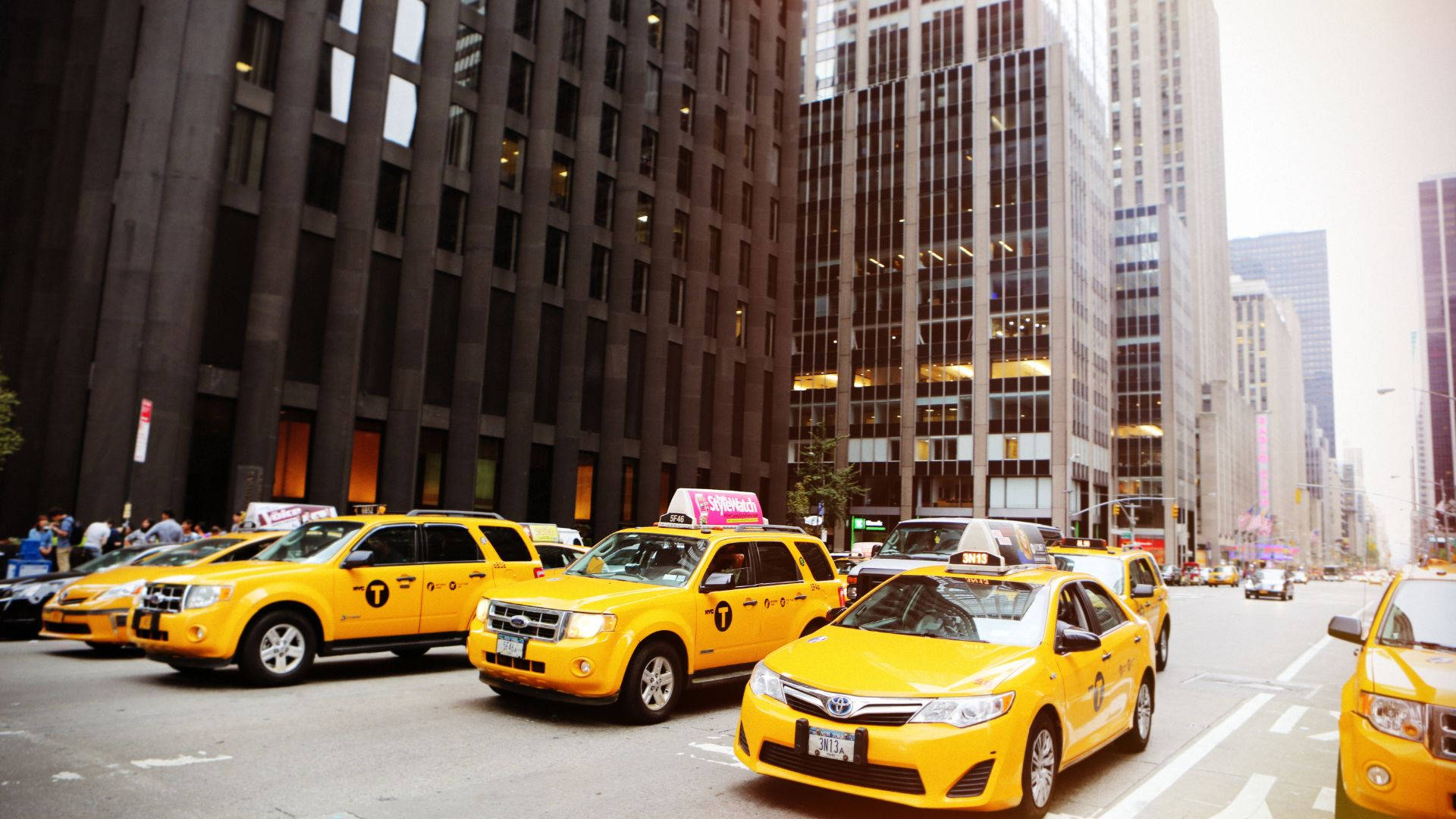 Grupode Taxis Frente A Un Edificio Alto Fondo de pantalla