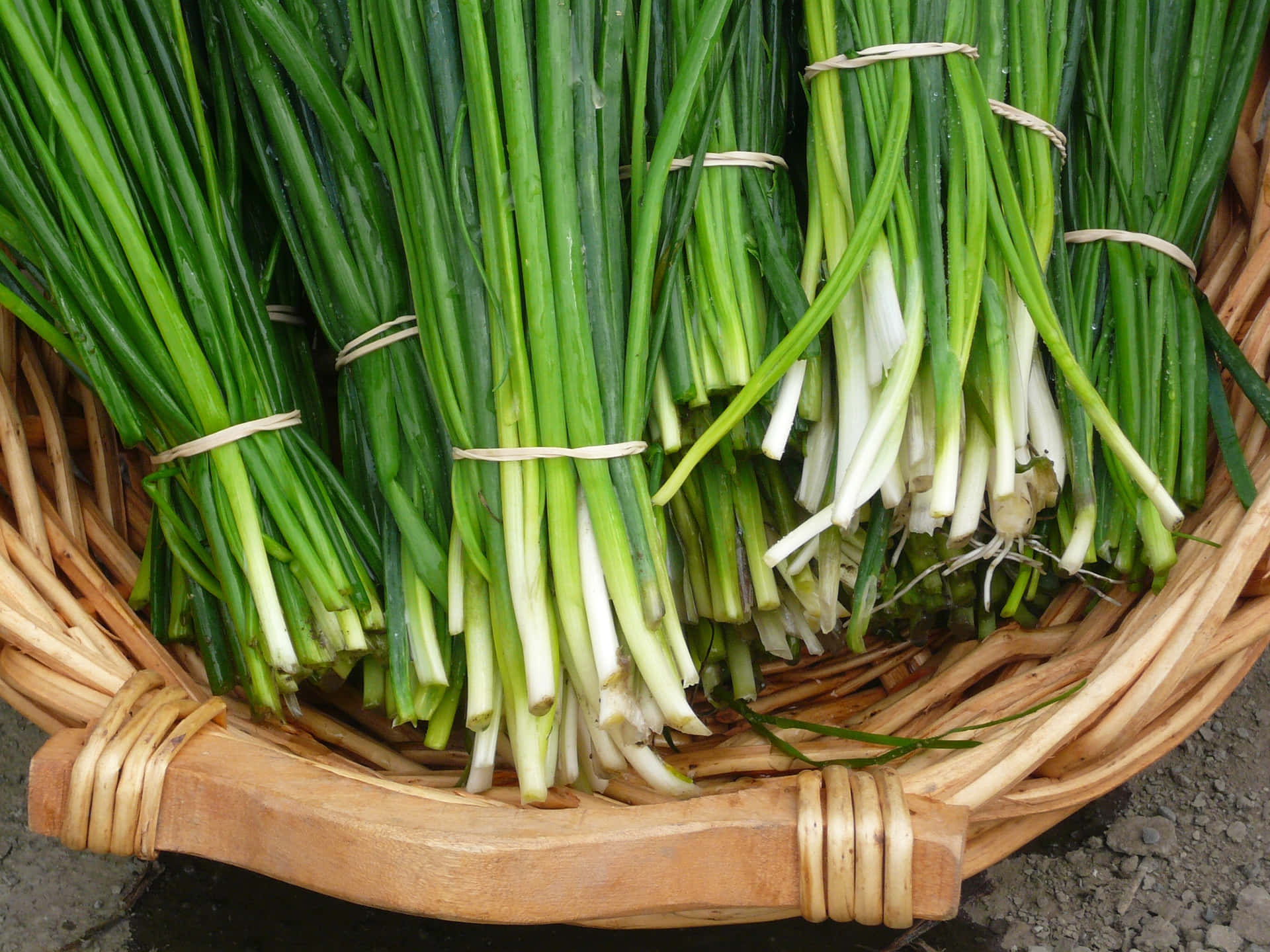 Bunches Of Green Chives On Rattan Basket Wallpaper