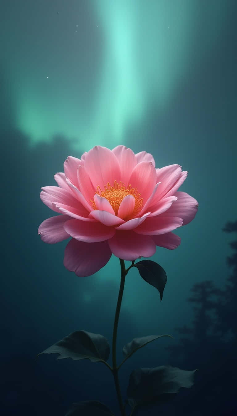 Flower Wallpaper — A delicate pink peony blooms underwater beneath a glowing green aurora borealis.