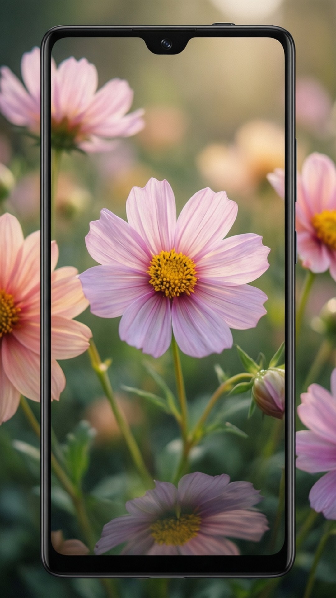 Floral Note 10 Wallpaper — A smartphone displays a close-up of pink cosmos flowers with yellow centers against a blurred garden background.