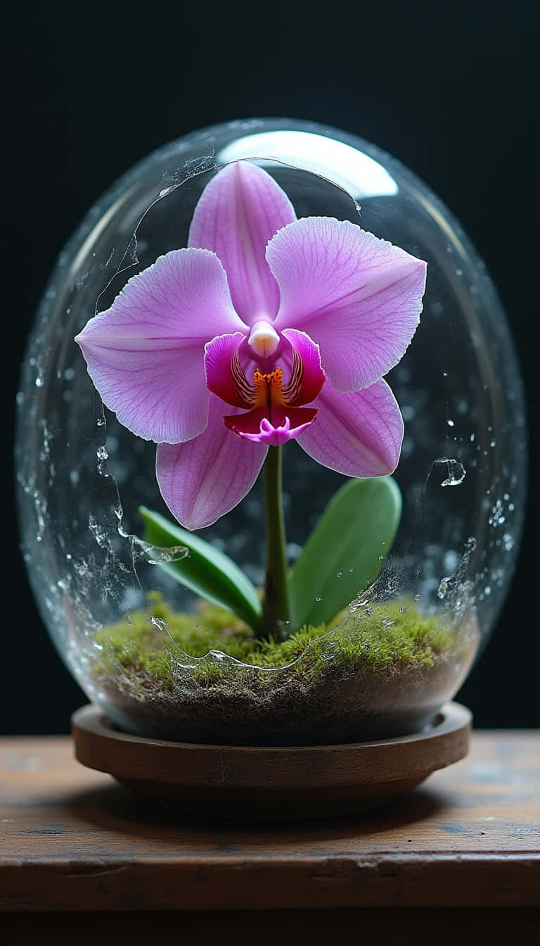 Flower Wallpaper — A delicate pink orchid blooms inside a clear glass dome resting on a wooden base against a dark background.