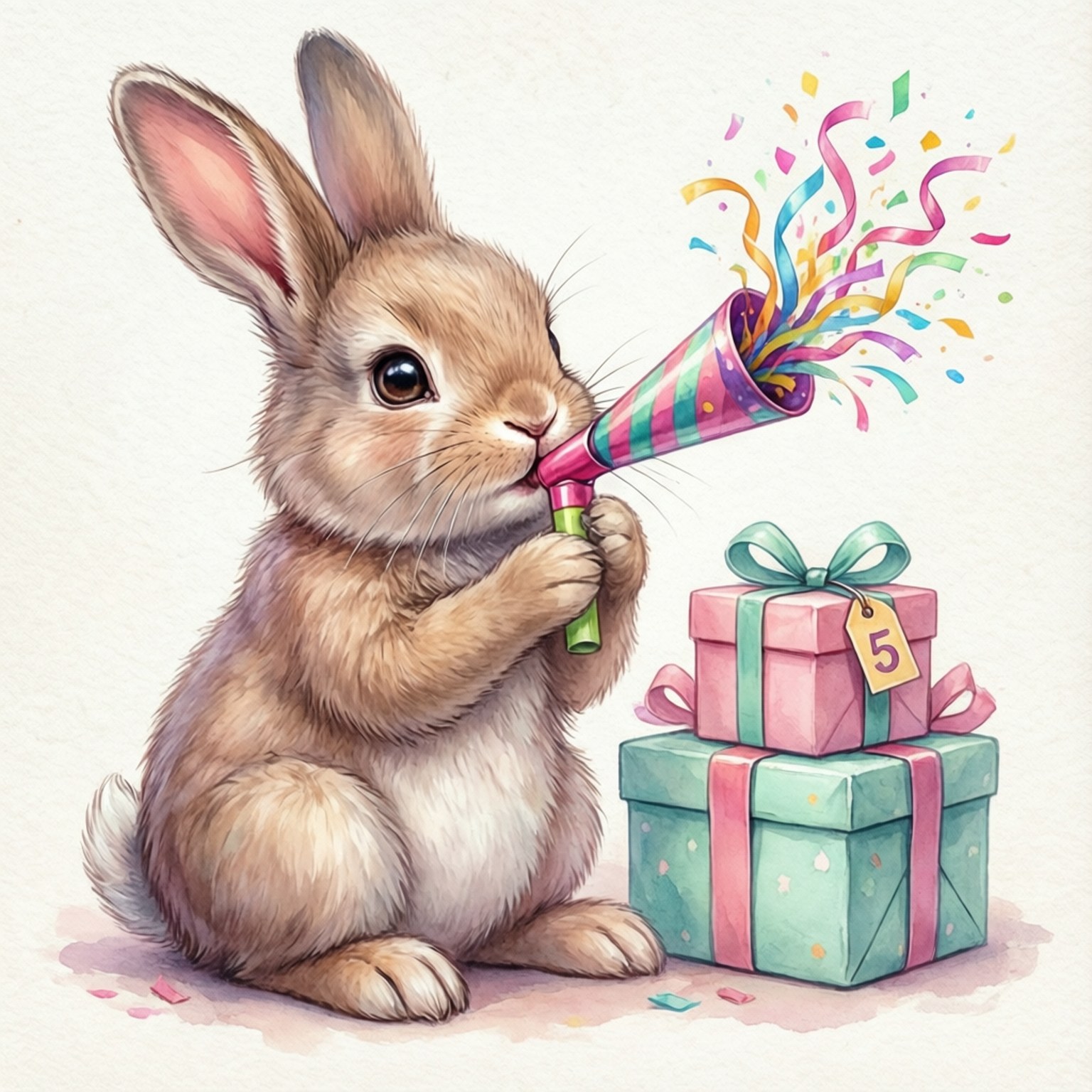 A cute bunny with a party blower beside presents with a '5' tag in watercolor style.
