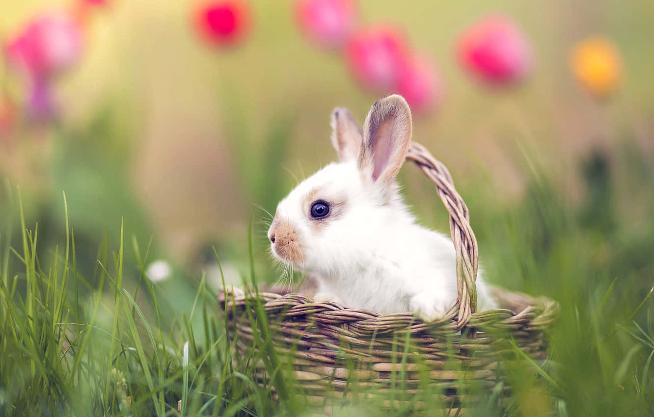 A brown and white bunny resting in a garden of wildflowers.