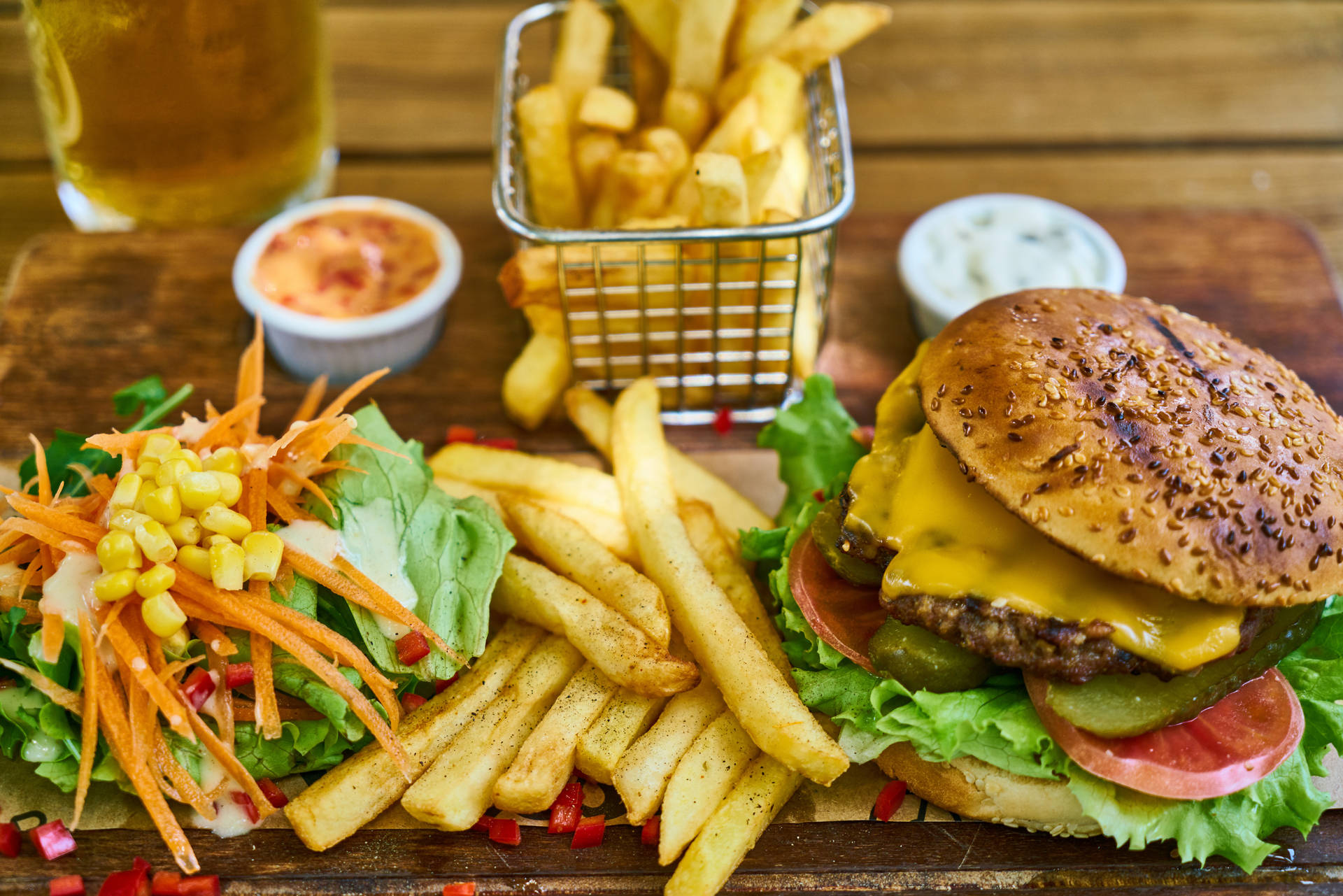Burger, Fries, And Vegetables 2560x1440 Food Wallpaper