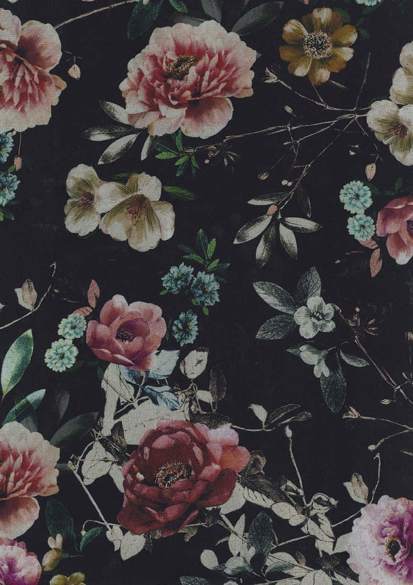 A Black Floral Wallpaper With Flowers On It Wallpaper