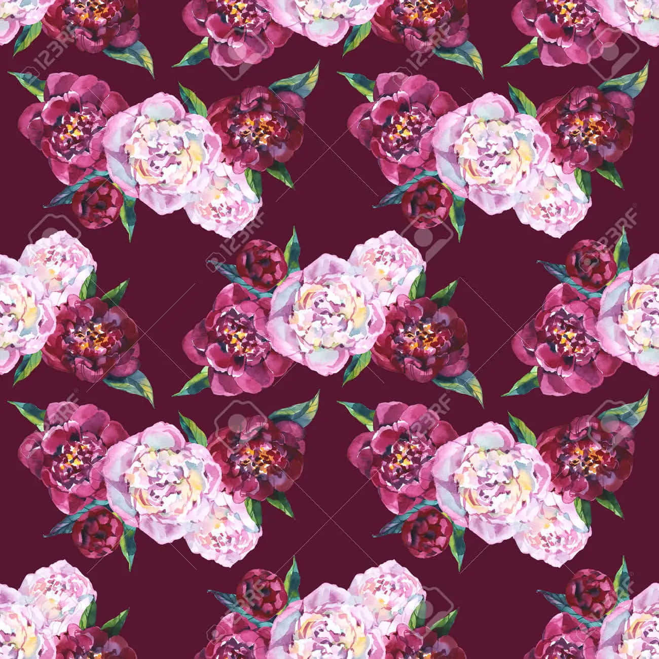 Seamless Pattern With Pink And White Flowers On A Maroon Background Wallpaper