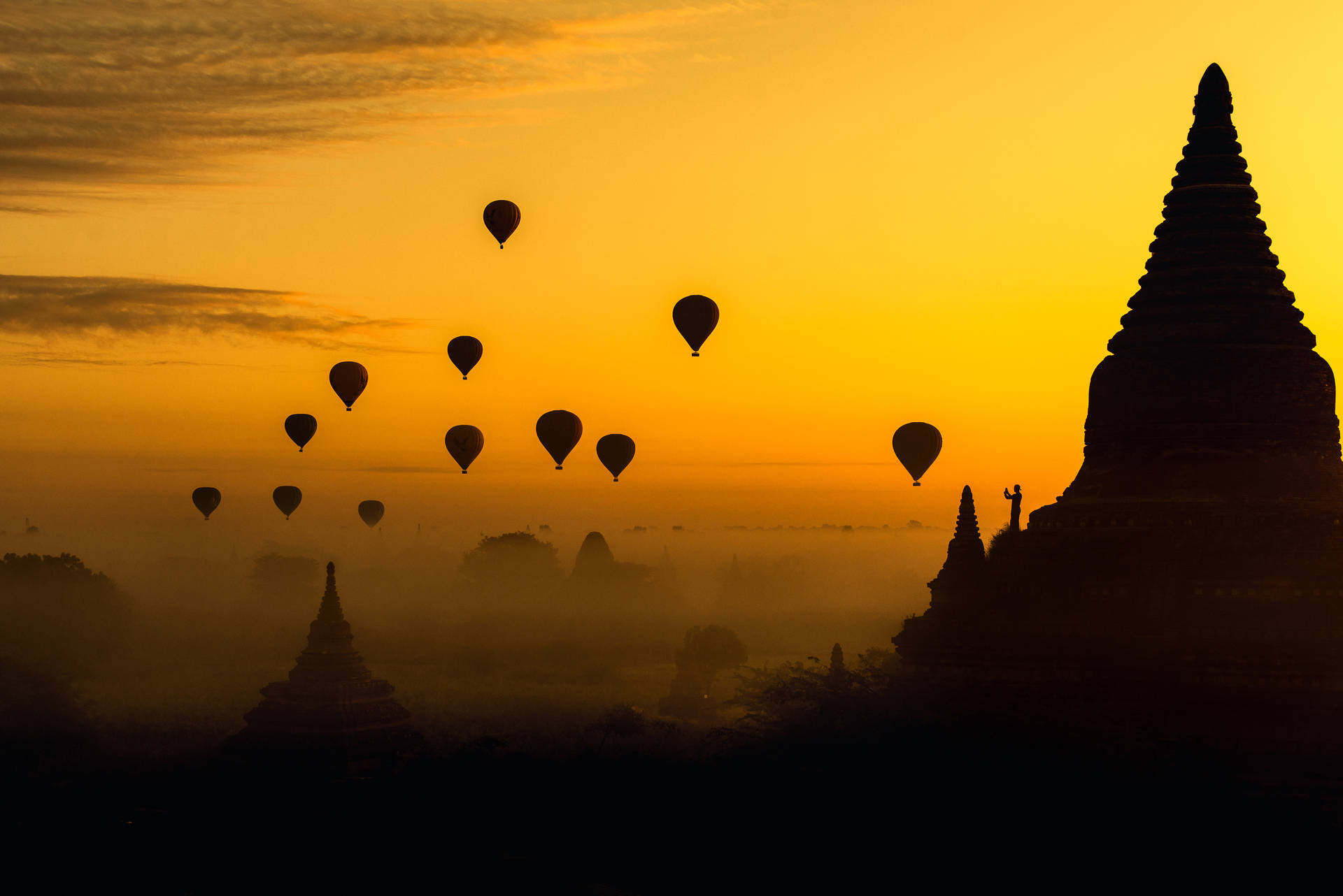 La Birmania Palloncini Tramonto Arancione Sfondo