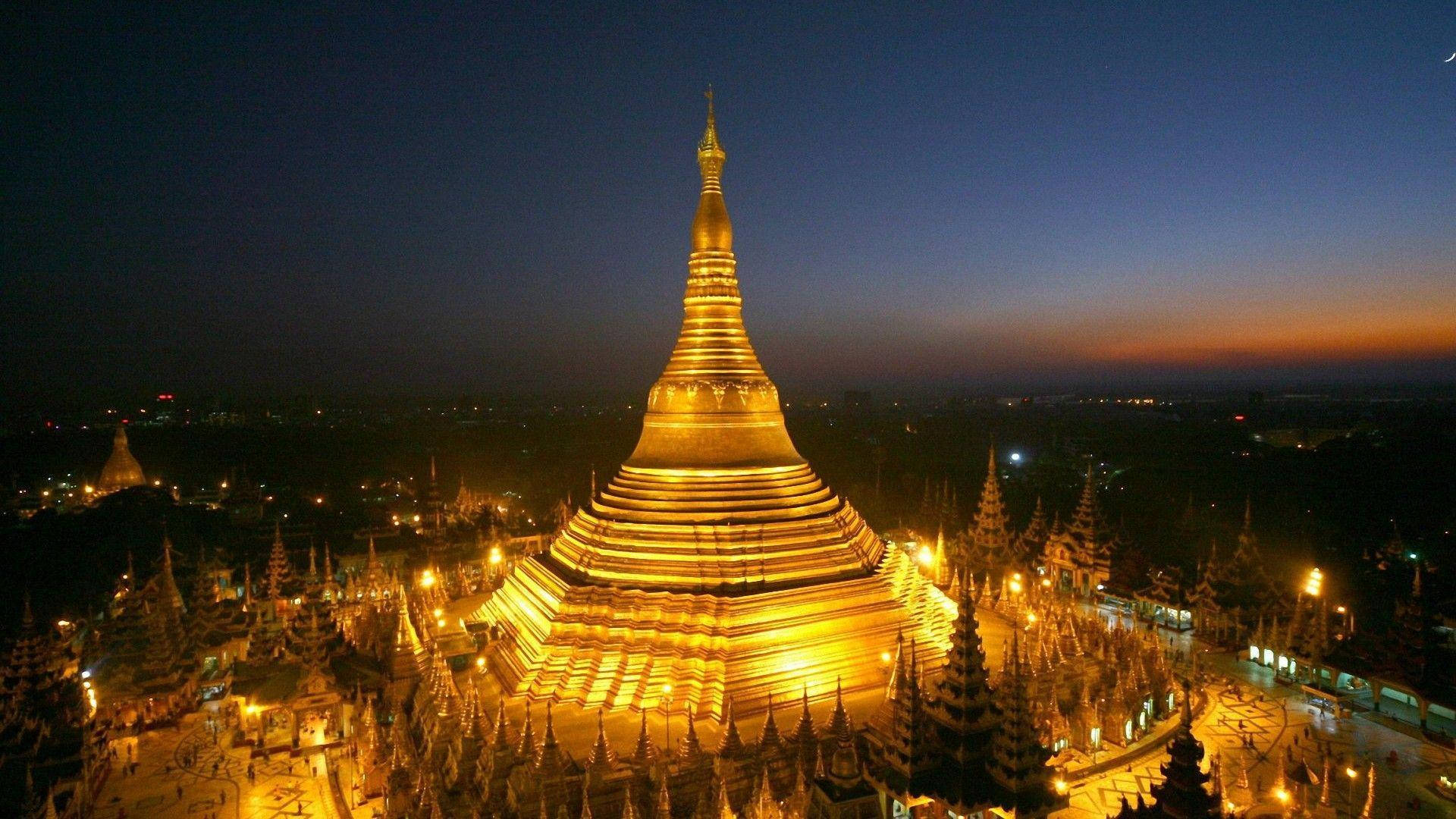 Burma Golden Pagoda Evening Lights
