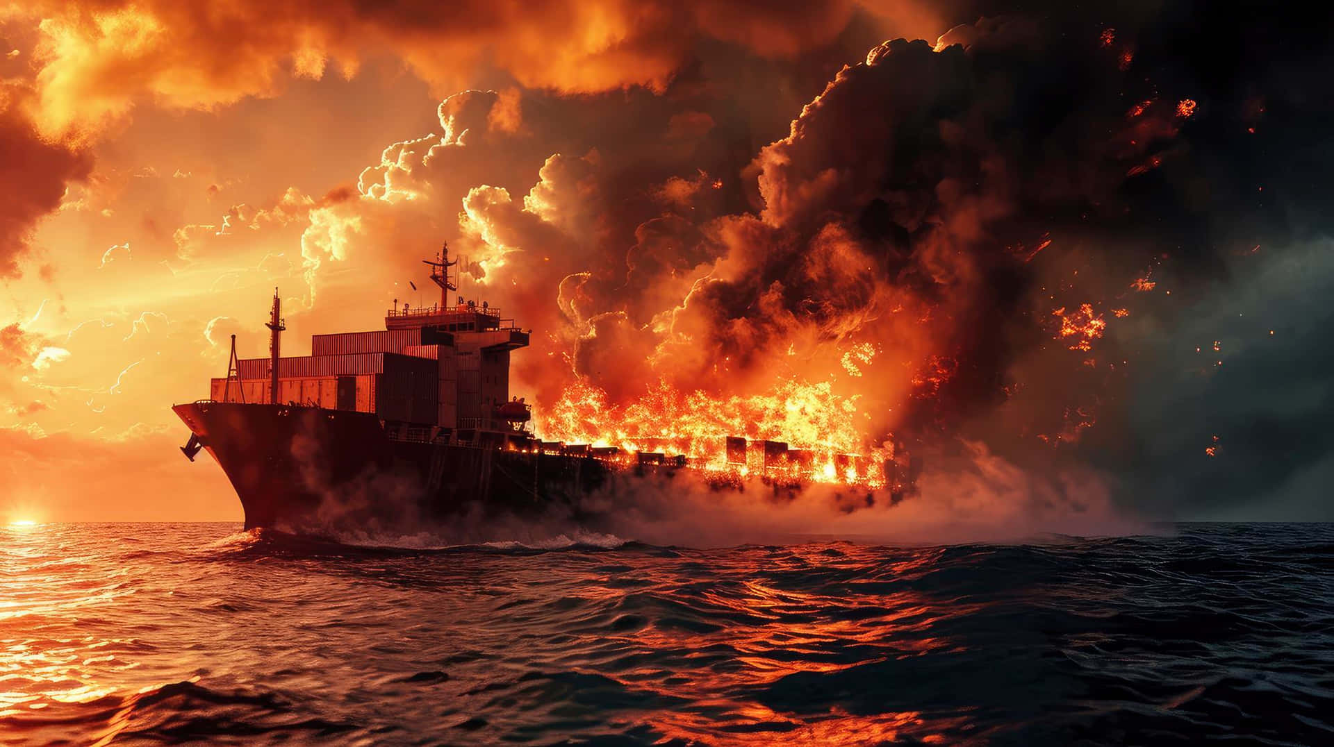 Burning Cargo Shipat Sea Wallpaper