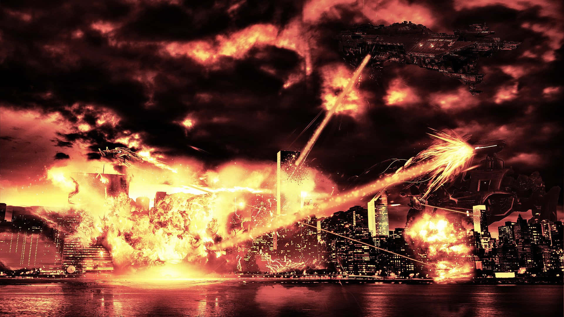 destroyed city on fire background