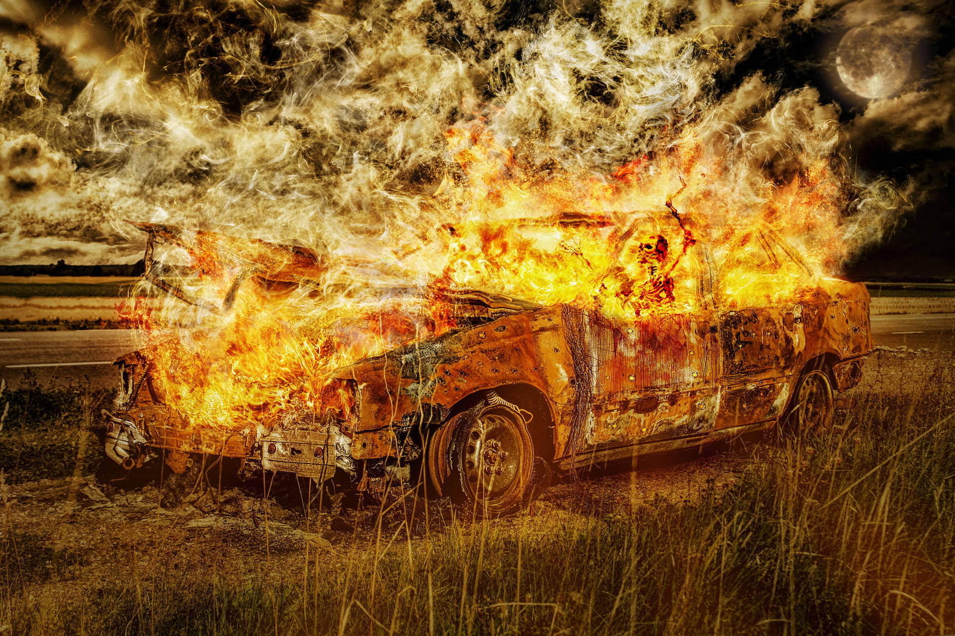 Bruciare Auto Fuoco Con Lo Scheletro Sfondo