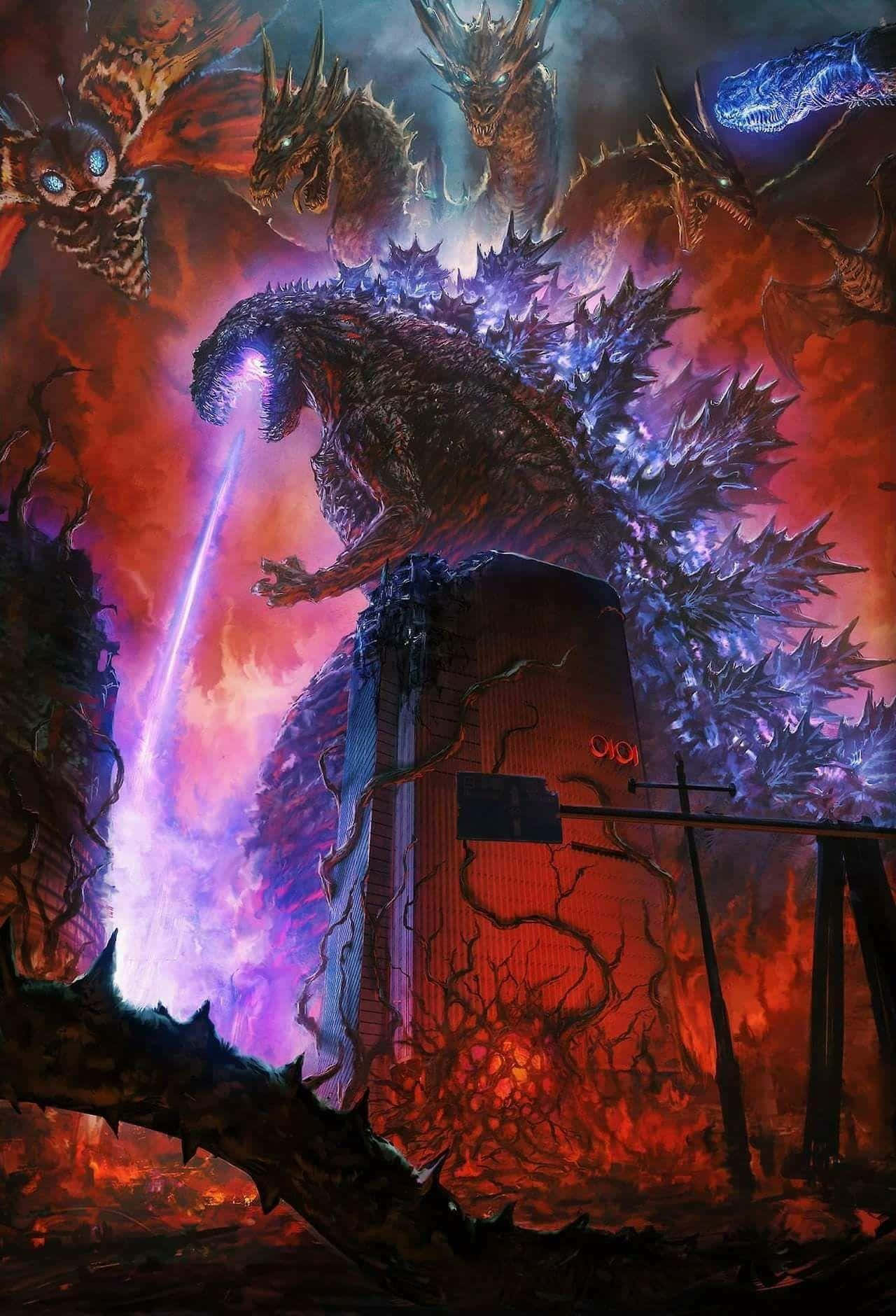 Burning Godzilla Unleashing Destruction Wallpaper