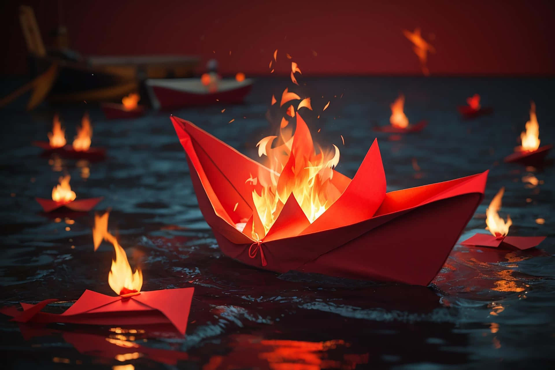 Burning Paper Boatson Water Wallpaper