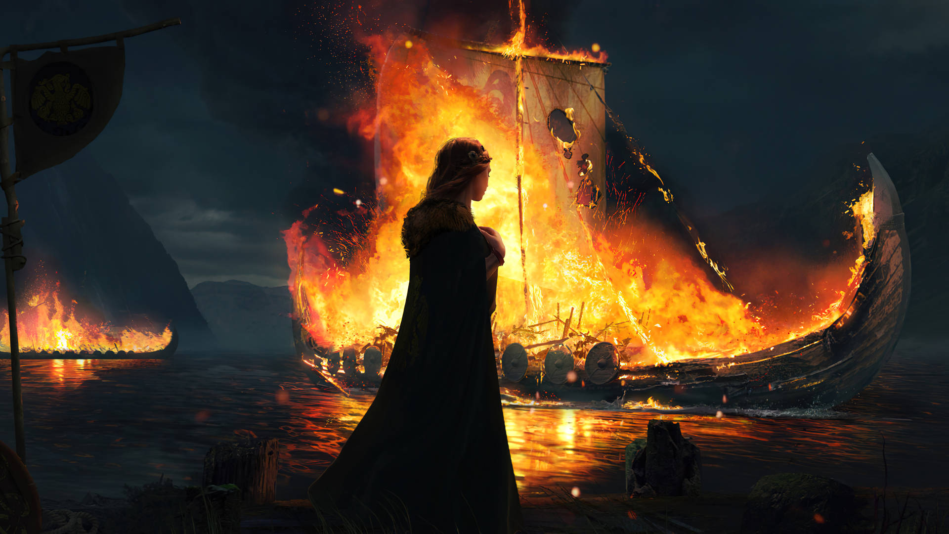 Burning Viking Ships Wallpaper
