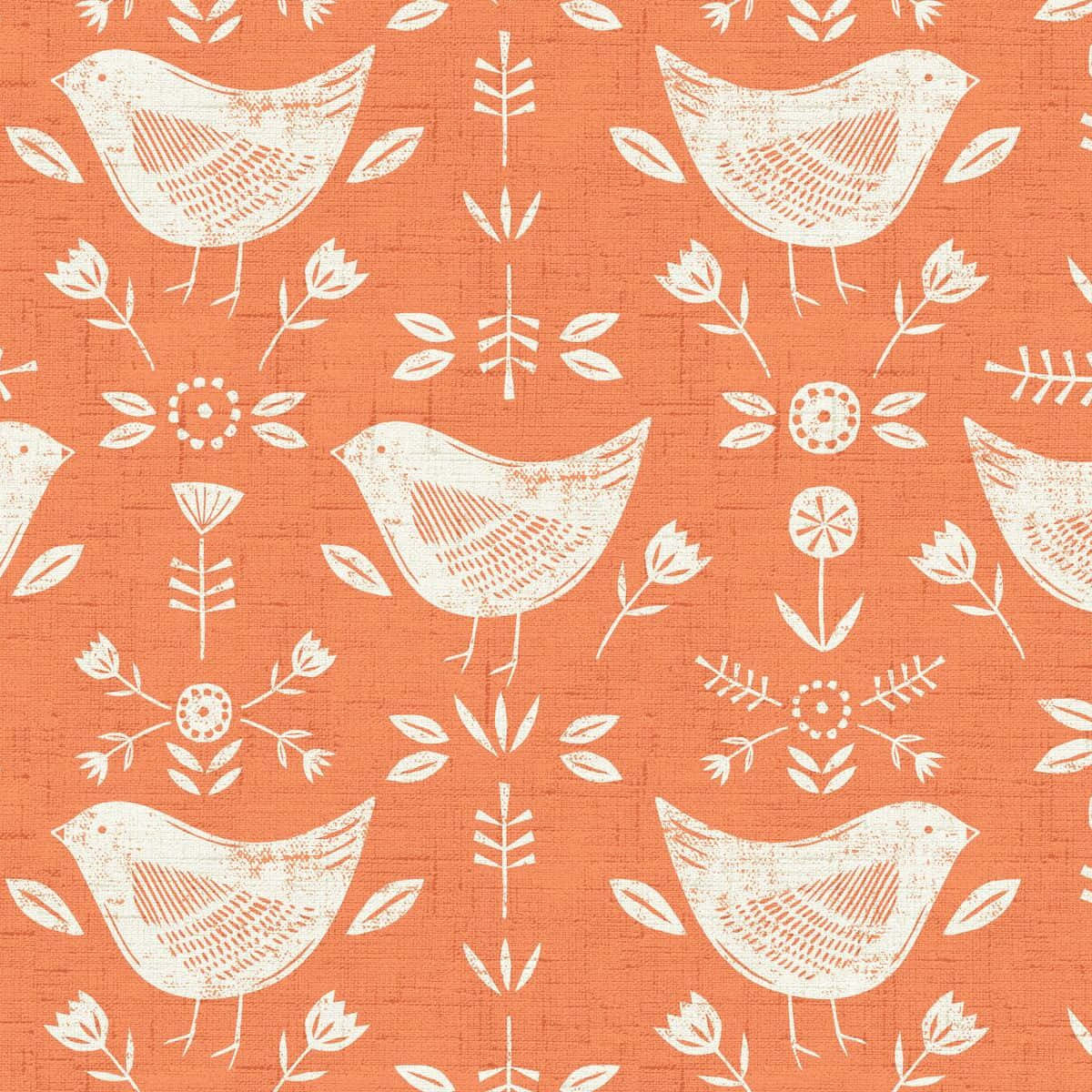Fondoen Color Naranja Quemado Con Pájaros Y Flores.