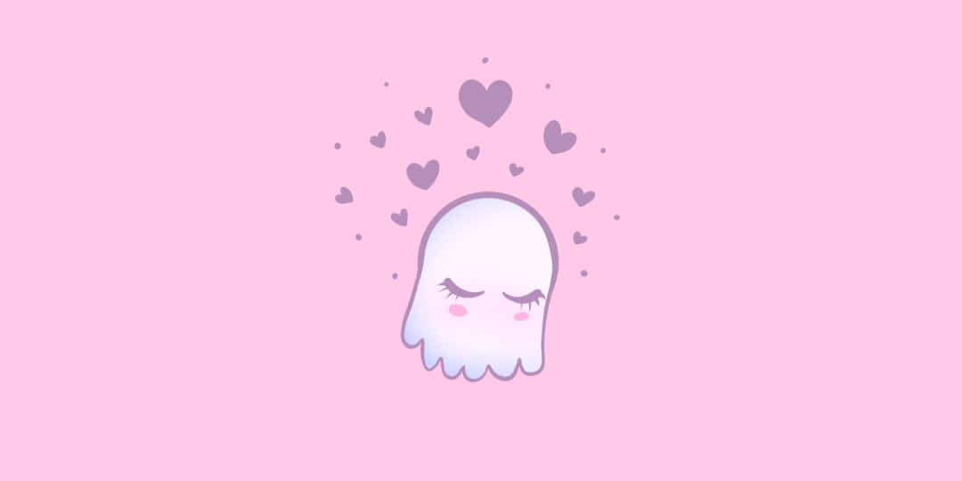 Trick or Treat! Wallpaper — A cute white ghost with closed eyes and blush cheeks floats against a soft pink background surrounded by floating hearts.