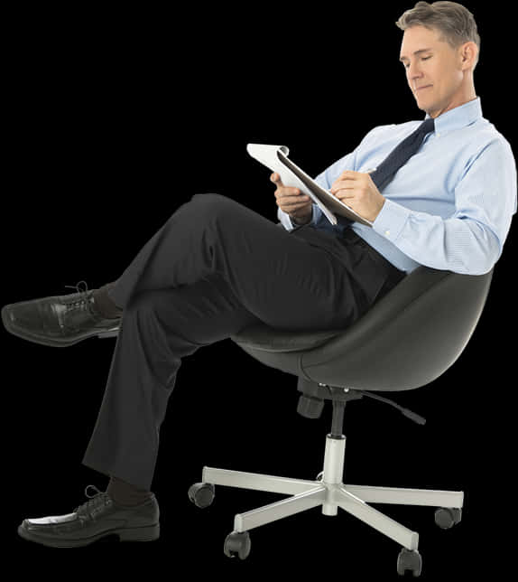 Businessman Relaxingin Office Chairwith Tablet PNG