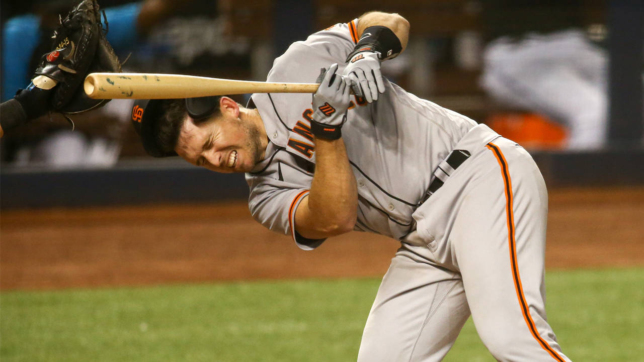 Download Buster Posey Being Hit Wallpaper