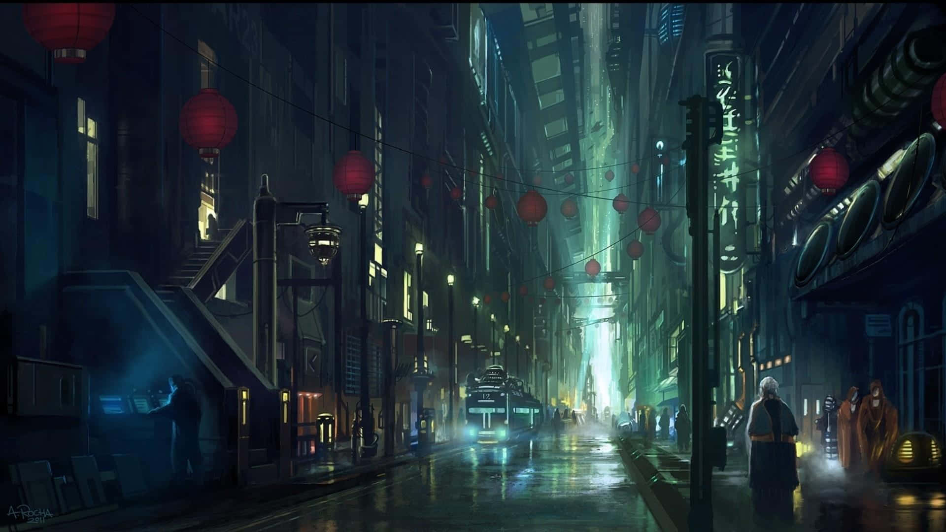 Busy Cyberpunk Street Night Anime Wallpaper