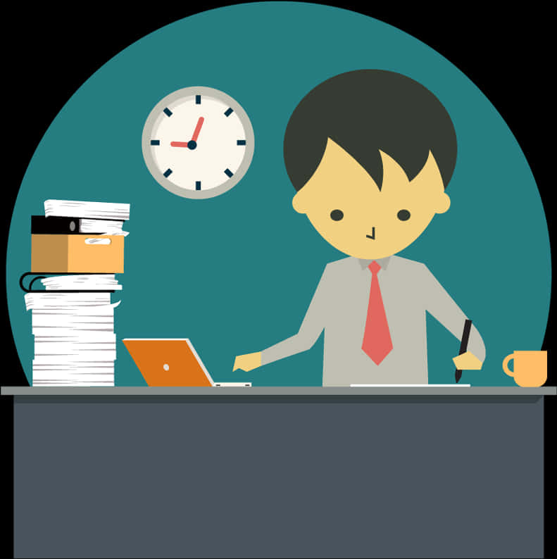 Busy Office Workerat Desk PNG