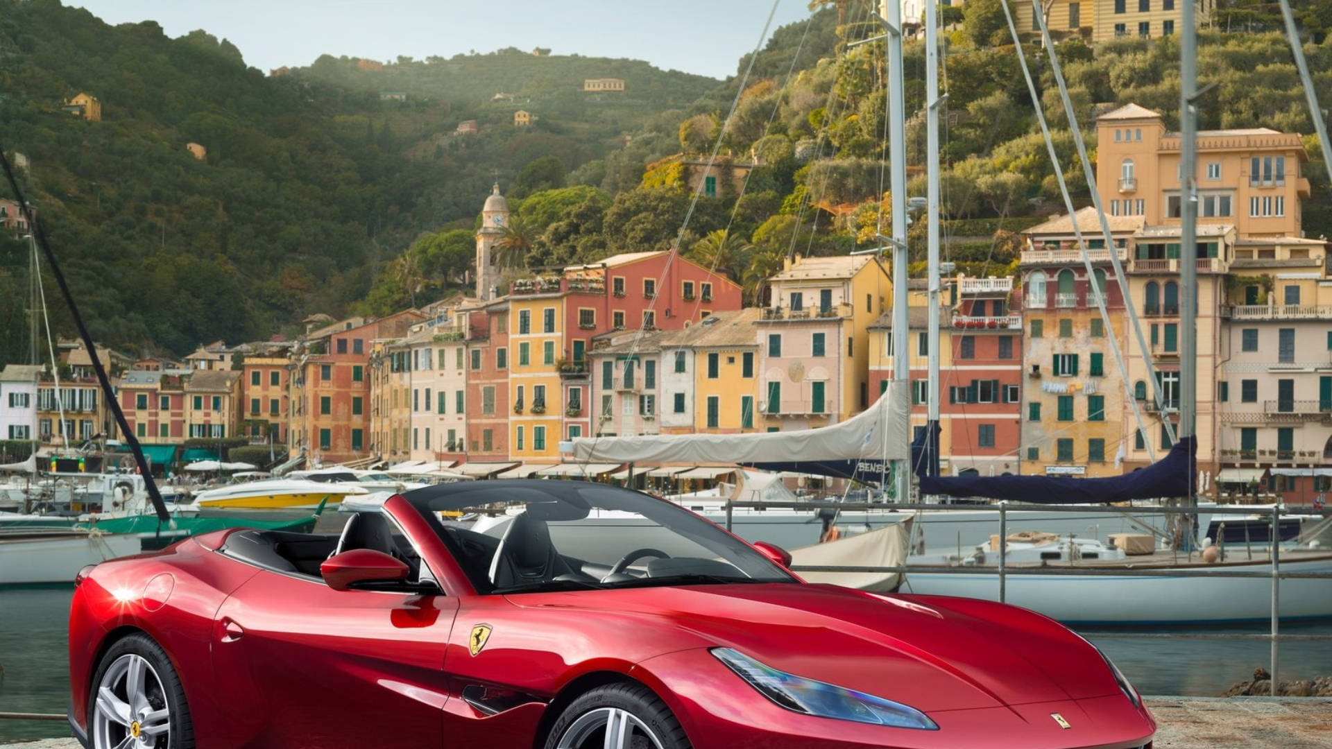 Busy Port With Red Ferrari Ipad Wallpaper