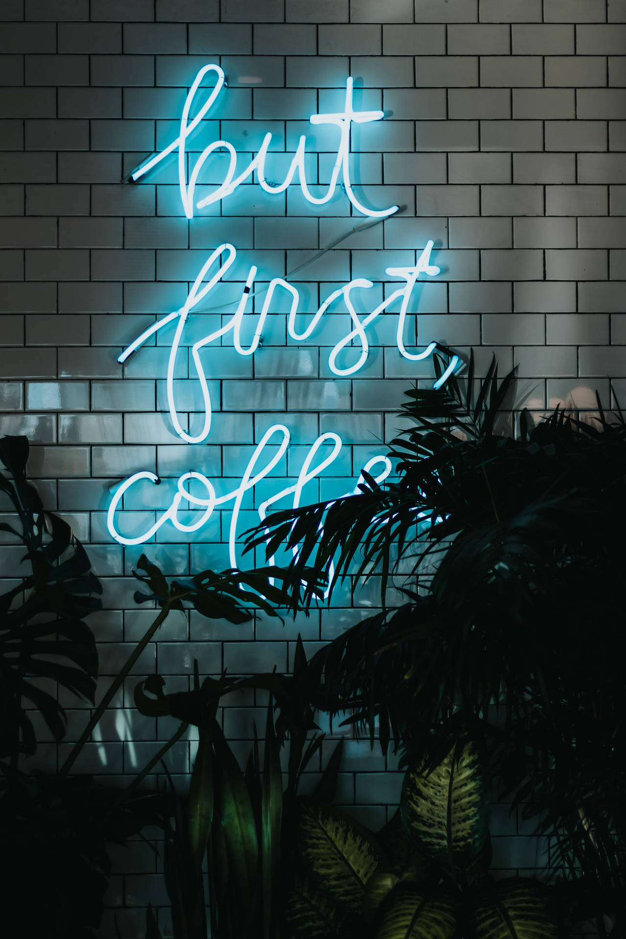 "But First Coffee" In Neon Blue iPhone Wallpaper