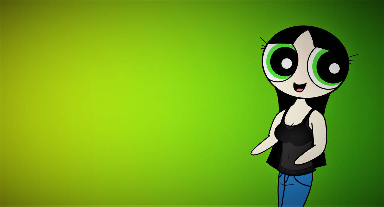 En tegneseriepige med grønne øjne og sorte jeans. Wallpaper