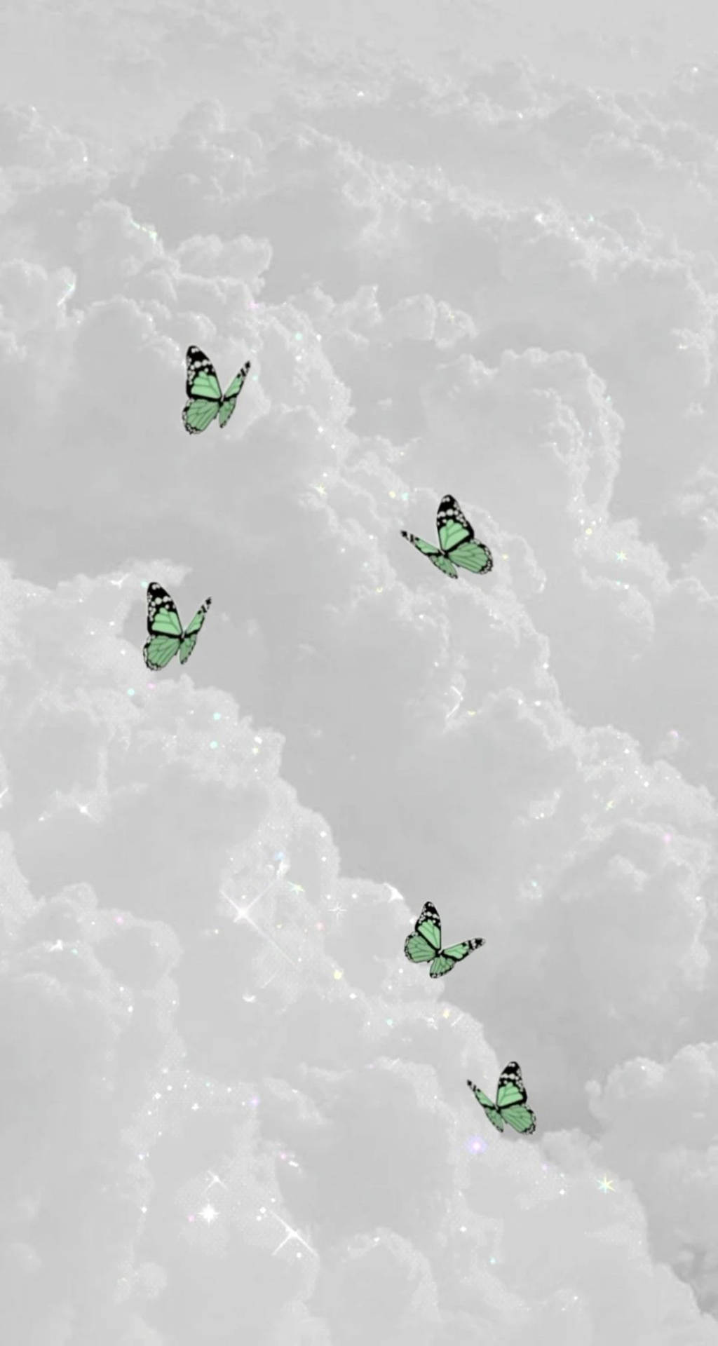 Butterflies And Clouds Green And White Aesthetic Wallpaper