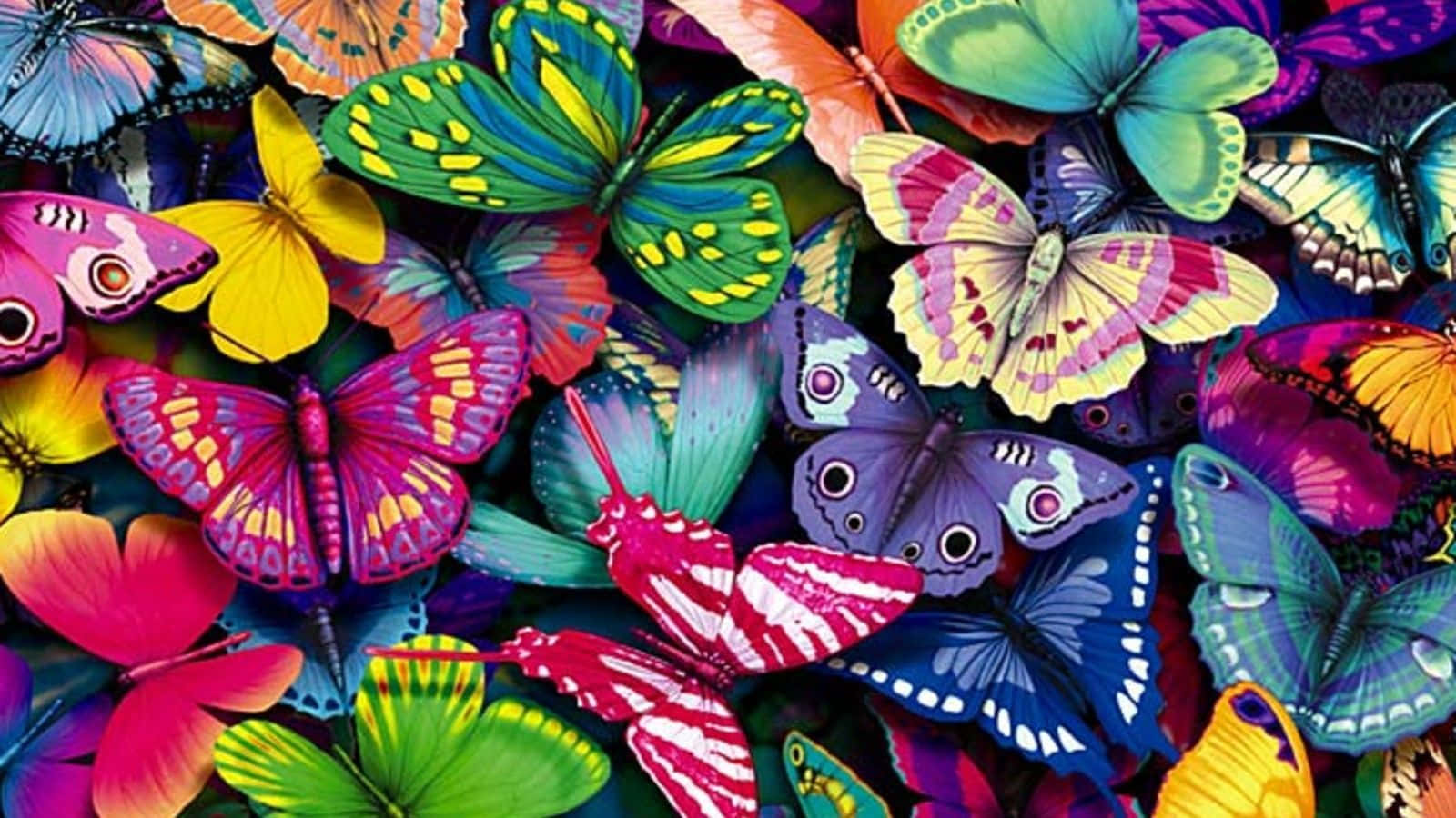 A colorful laptop, decorated with a butterfly-filled design. Wallpaper