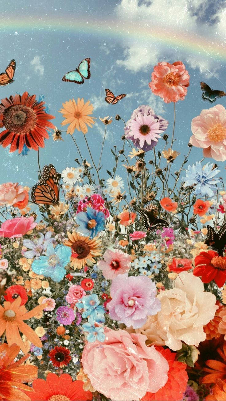 Fjärilar,regnbågar, Blommor - En Estetisk Bakgrund För Din Dator Eller Mobiltelefon. Wallpaper