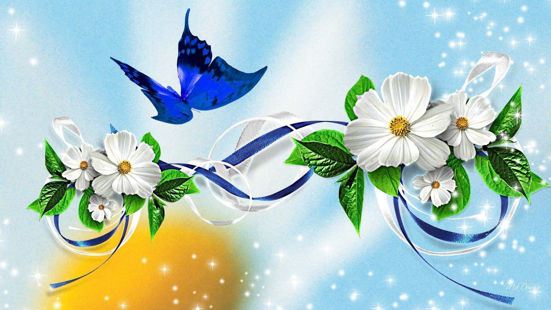 Sommerfugl og Blomsterbånd Skrivebordsbaggrund Wallpaper