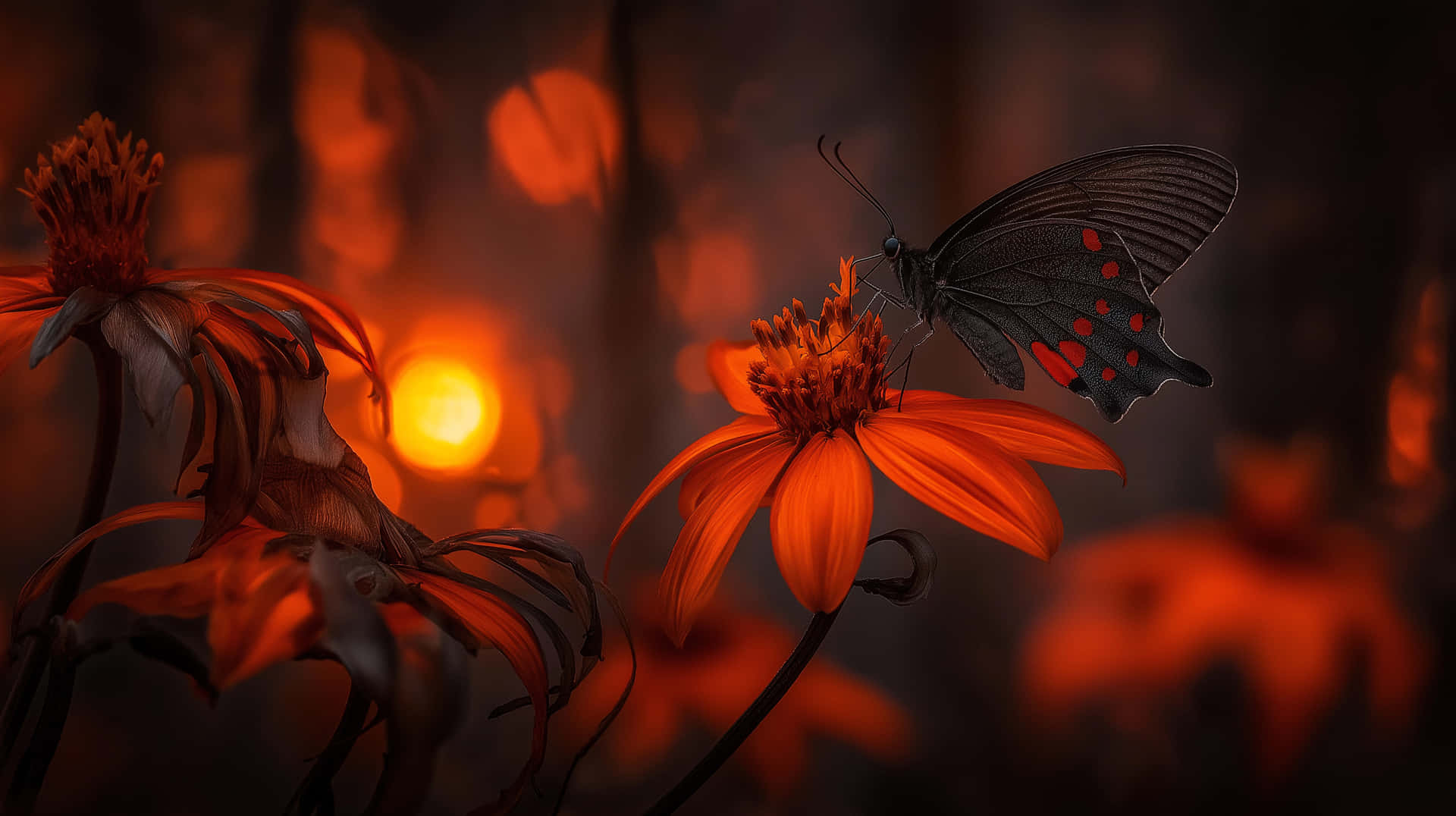 Butterfly On Blooming Flora With Soft Background Glow Wallpaper