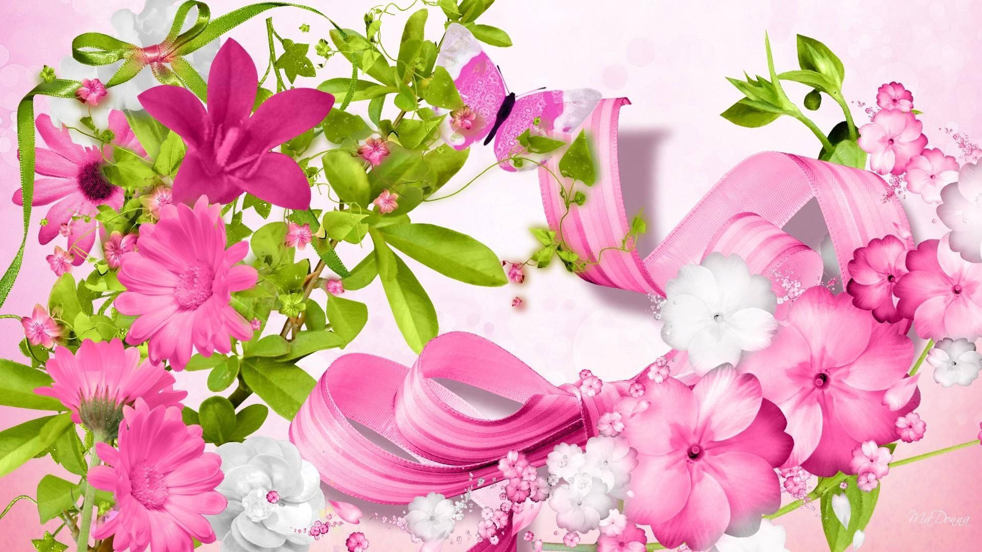 Butterfly Ribbons Cute Pink Flower Wallpaper