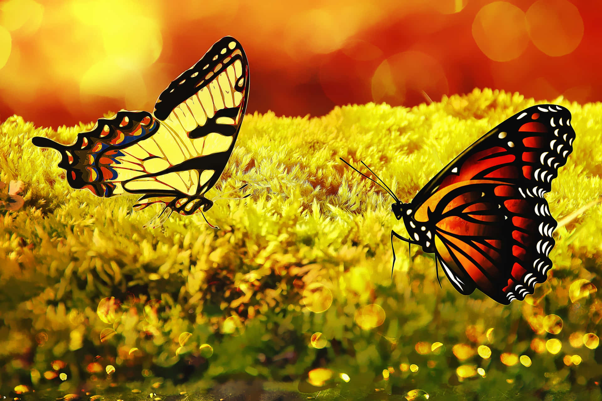 A brilliant yellow butterfly takes flight Wallpaper