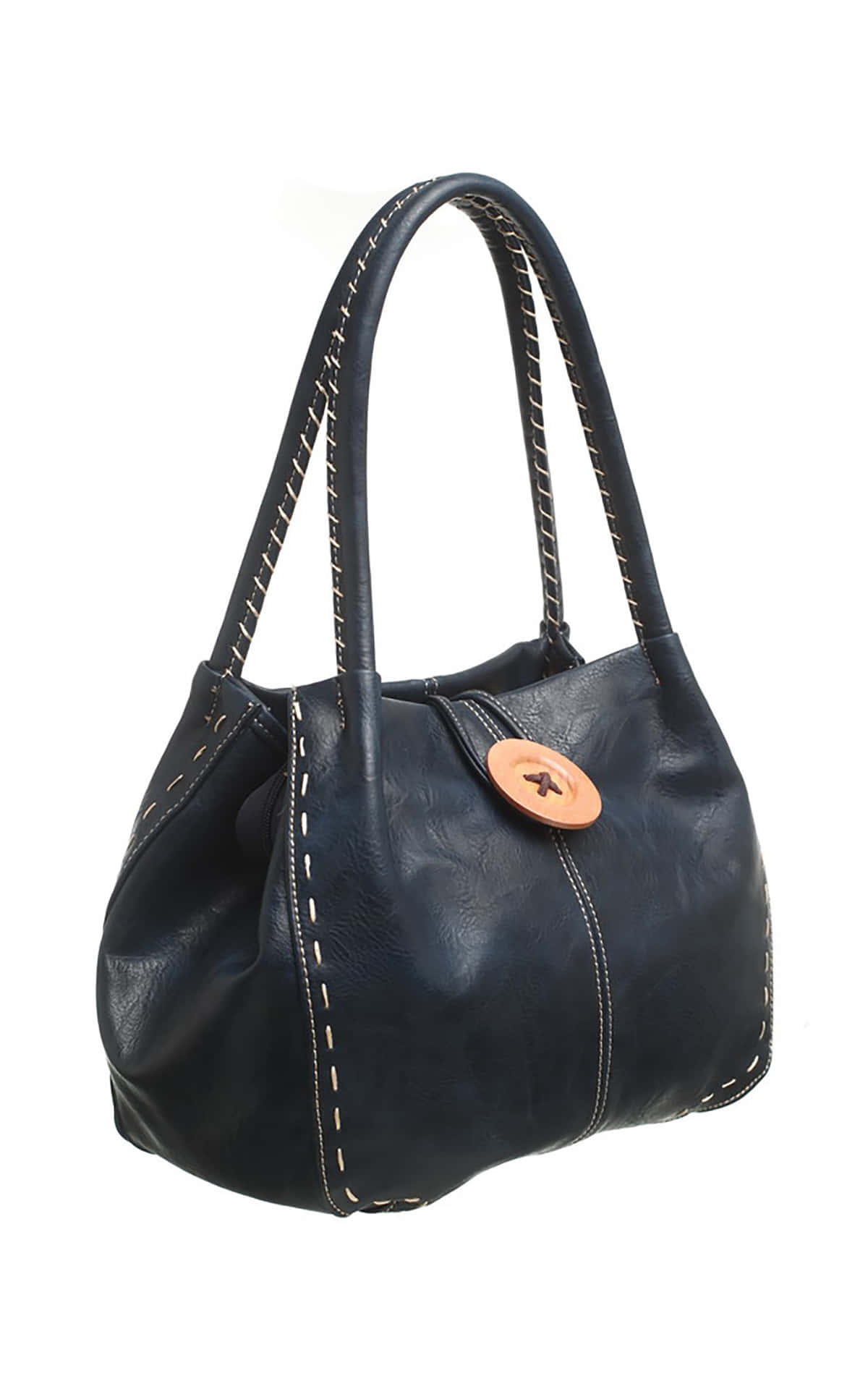 A Black Leather Handbag With A Brown Handle