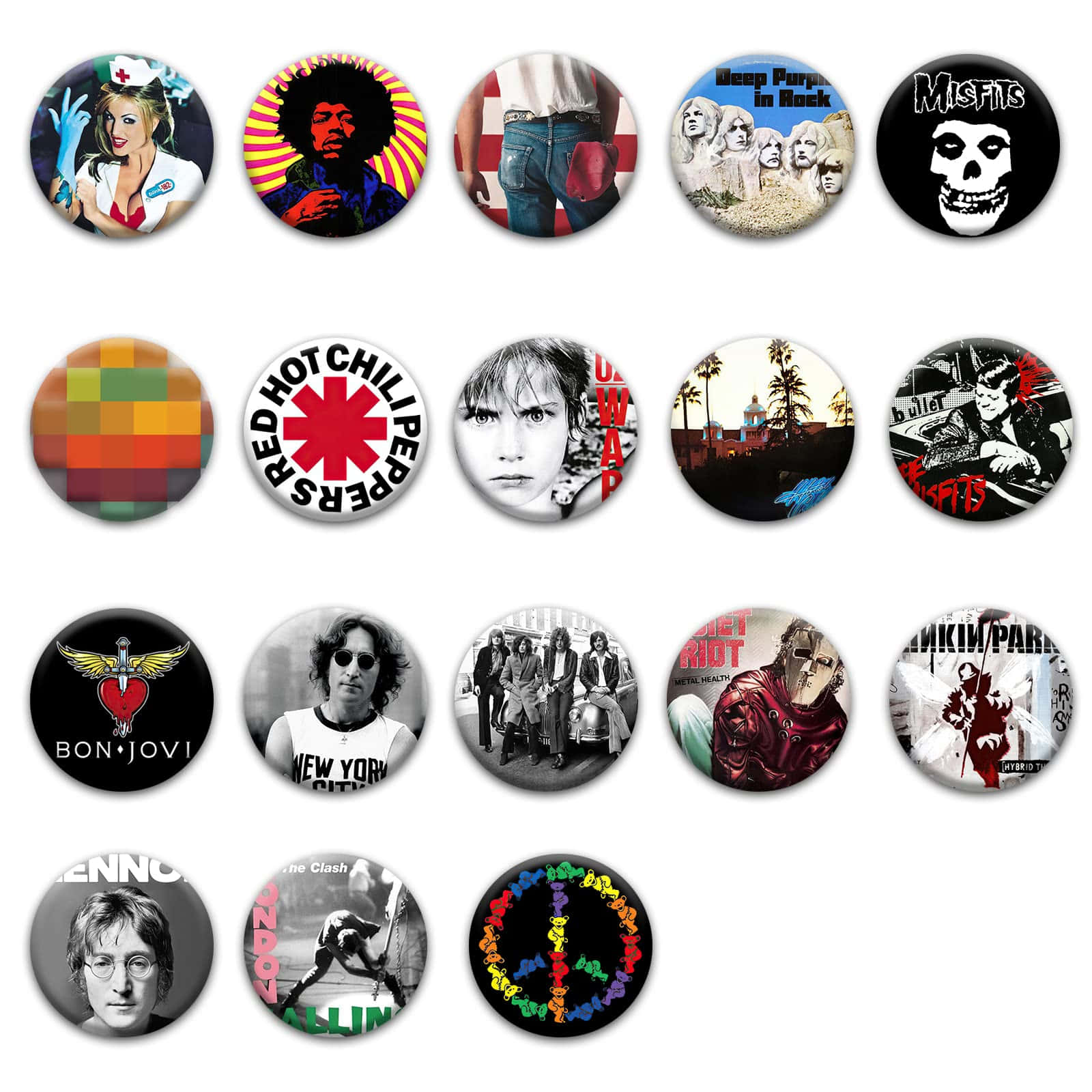 A Collection Of Buttons With Various Images Of Bands