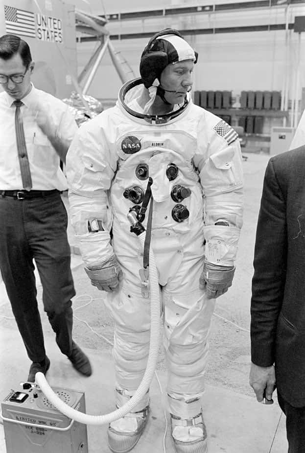 Buzz Aldrin Spacesuit Test Blackand White Wallpaper