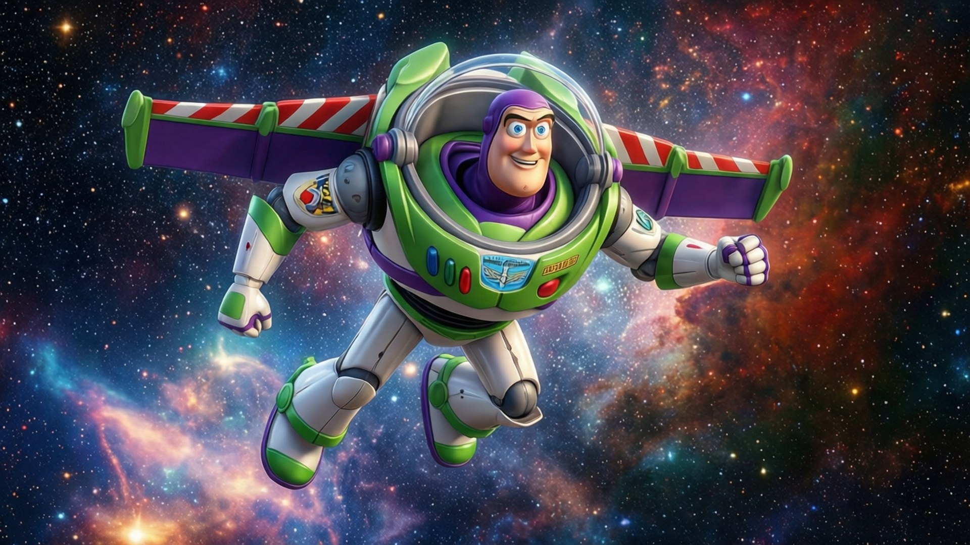 Buzz Lightyear Nebula Flight Achtergronden — Buzz Lightyear zweeft door een kleurrijke nevel met uitgespreide vleugels.