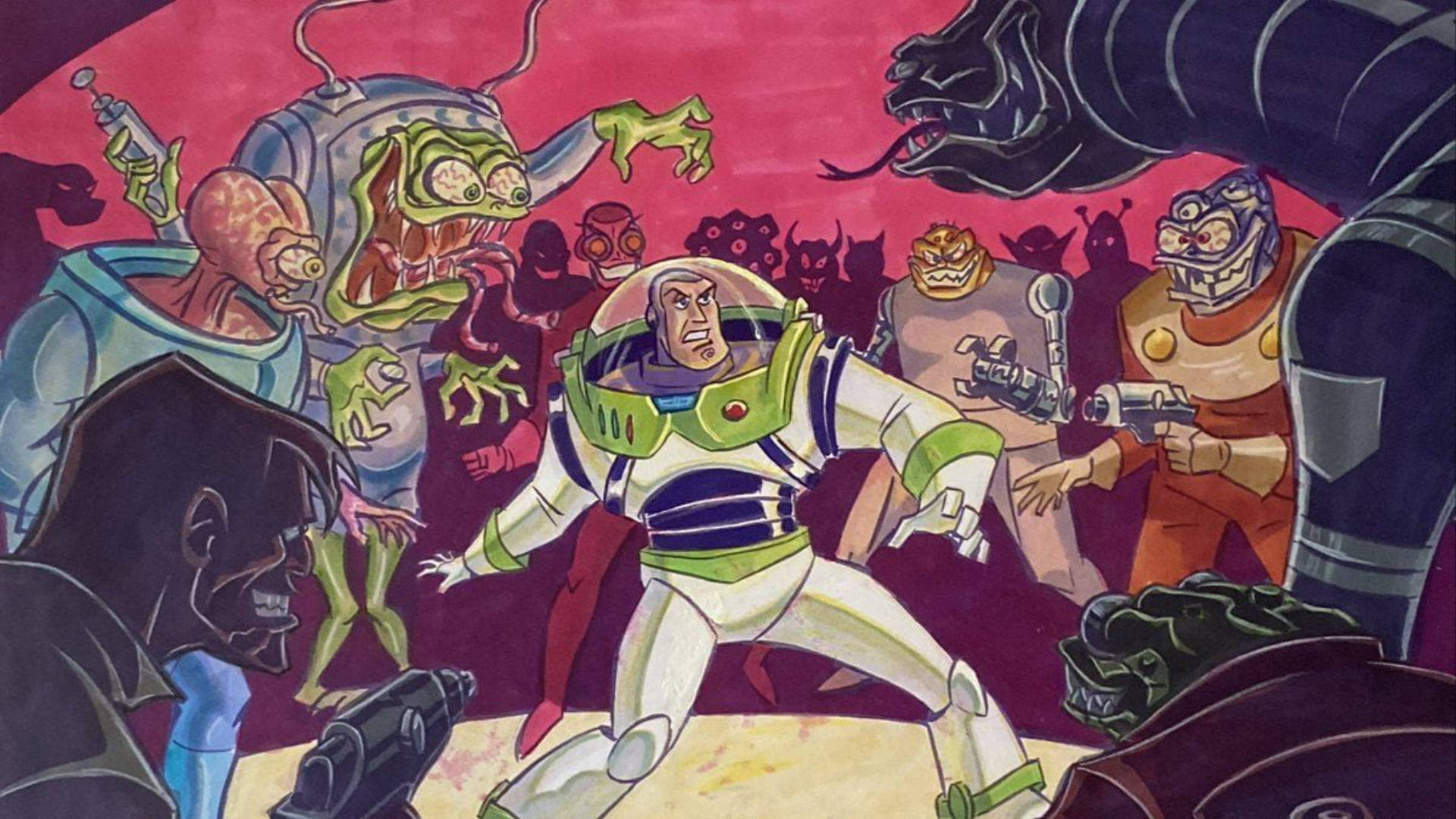 Buzz Lightyear Of Star Command Surrounded By Enemies Wallpaper