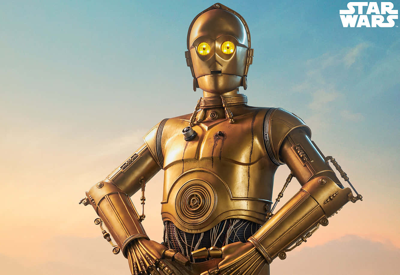 The iconic golden C-3PO against a dramatic black-and-white background Wallpaper