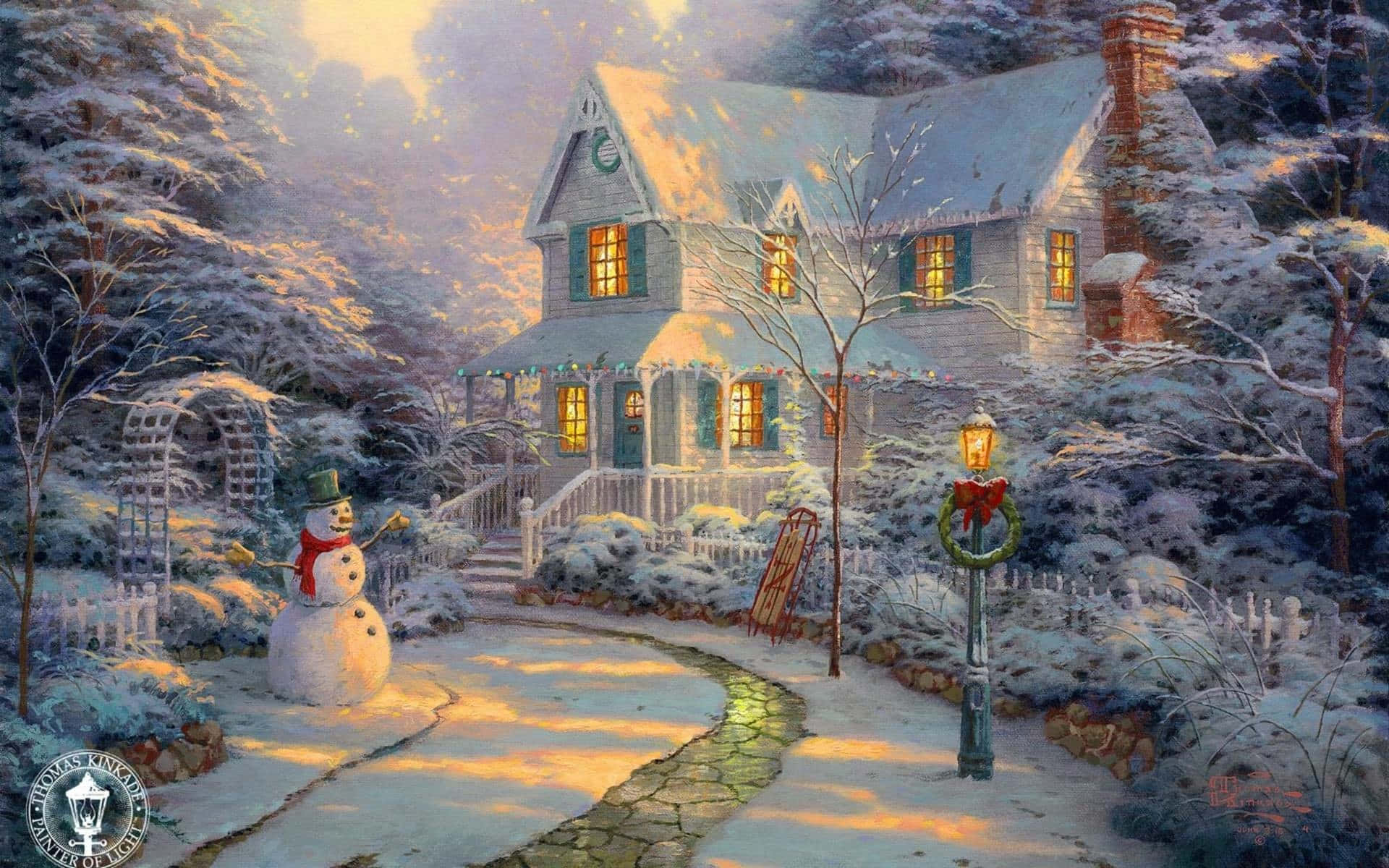 Cabin Covered In Snow Snowman Painting Wallpaper
