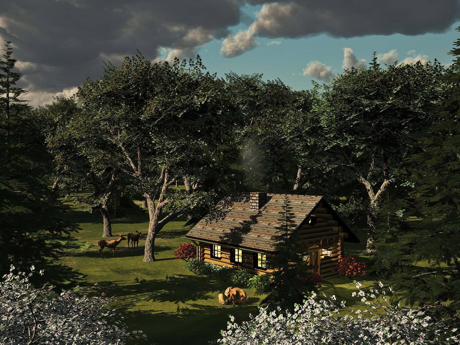Cabin Painting In The Forest Wallpaper