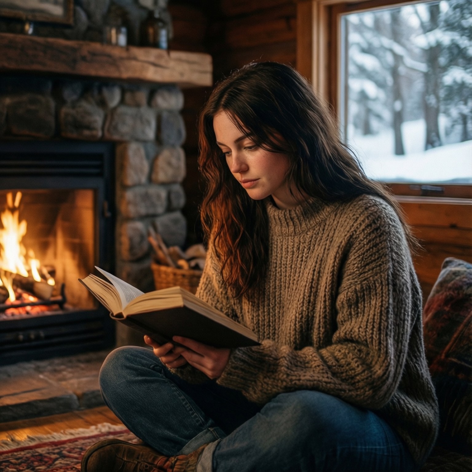 Sydney Sweeney reading by a fireplace in a snowy cabin