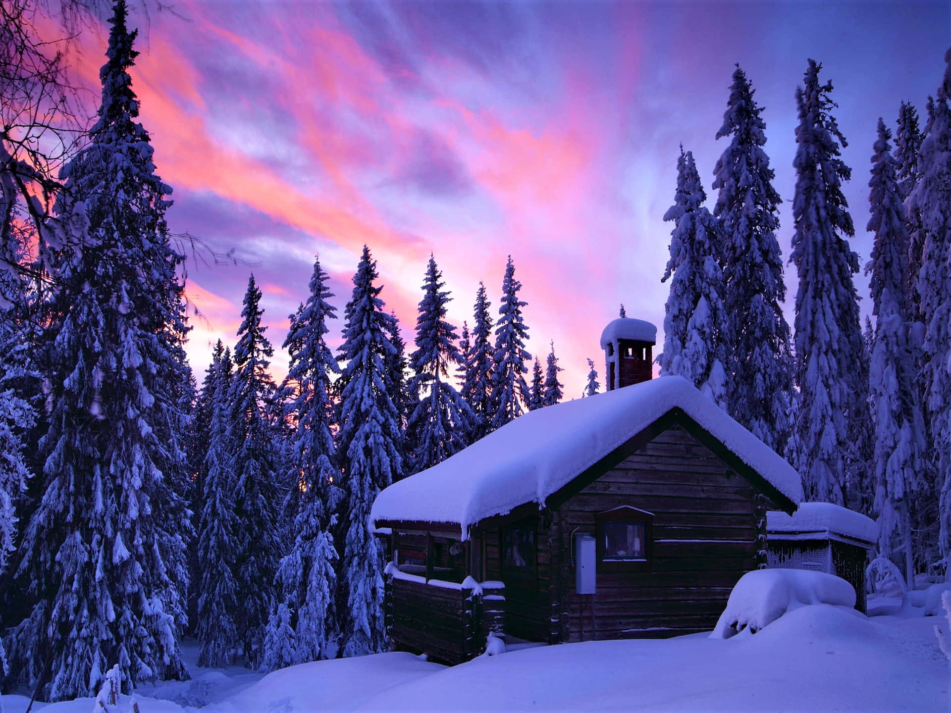 Cabin Snowy Forest Wallpaper